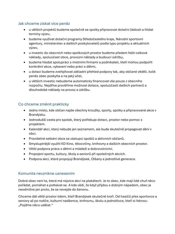 Text about financial strategies and community engagement in Brandýsek.