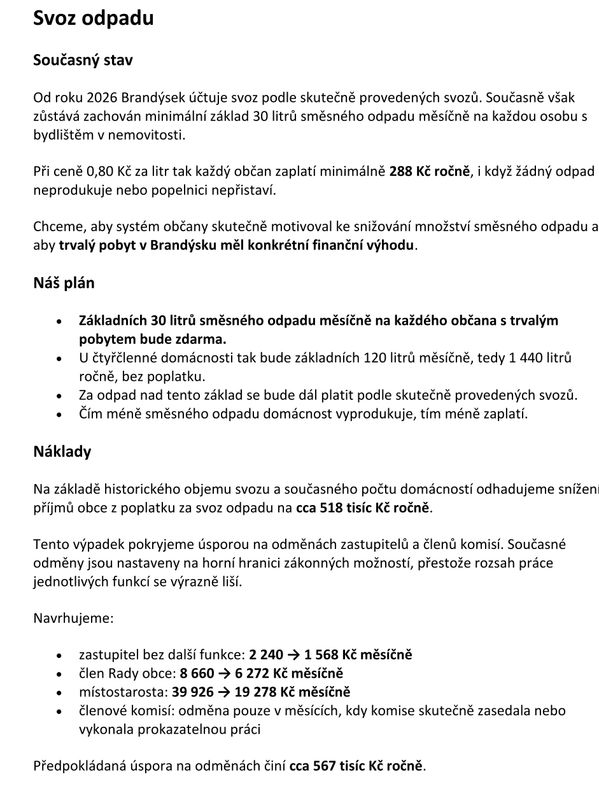 Plan for waste collection fees and savings in Brandýs from 2026.