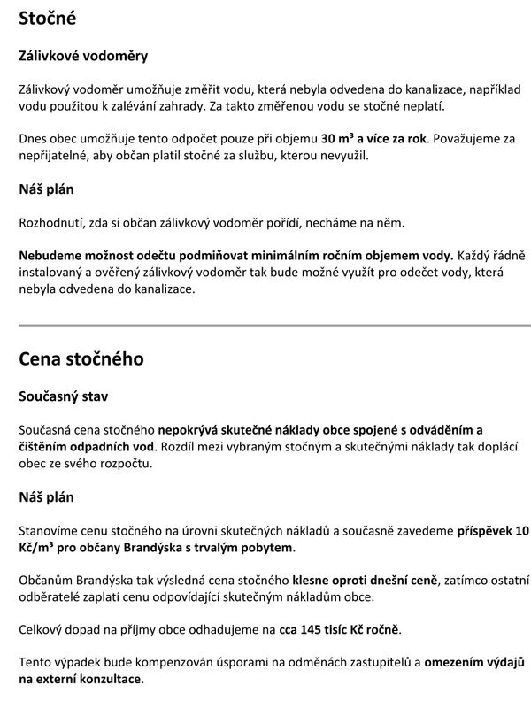 Text explaining sewage water metering and pricing plans for Brandýska citizens.