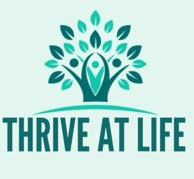 Logo with human figures and leaves, captioned 'Thrive At Life'.