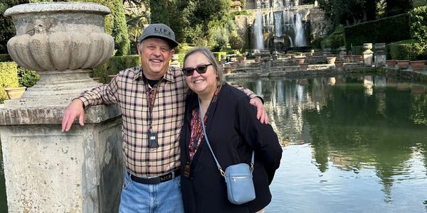 TV personality, Doug Jessop, broadcasting from Tivoli Gardens outside of Rome, Italy.