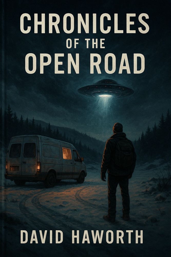 A man stands near a van, gazing at a UFO in a dark forest road.