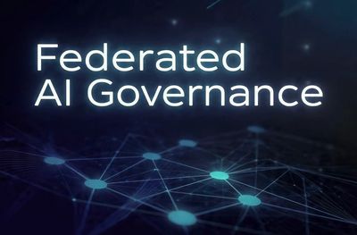 Image that says "Federated AI Governance" over a hight tech blue diagram background