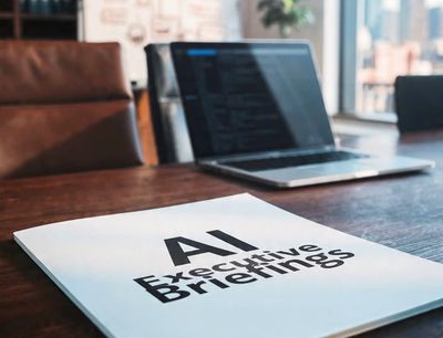 Image of conference room table with laptop on it & paper on cover that says "AI Executive Briefings"