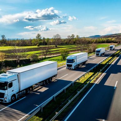 Three white trucks driving in a line on a highway through green fields under a blue sky.