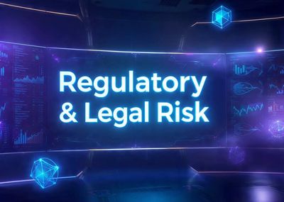 Image that says "Regulatory & Legal Risk" over a blue and purple high tech background