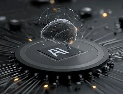 Image of a holographic brain floating over a circle black high tech chip that says "AI" on it