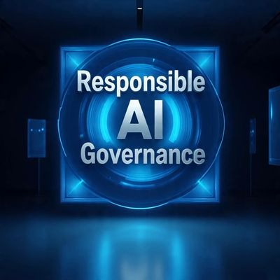 Image that says "Responsible AI Governance" over a high tech blue and white safe door