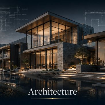 Modern glass and stone house illuminated at night.