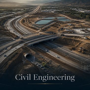 Aerial view of highway construction site with text 'Civil Engineering'.