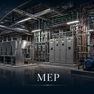 Industrial MEP system with pipes and control panels.