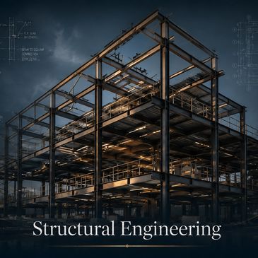 Steel framework of a building under construction at dusk.