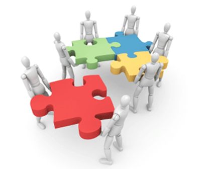 Figures assembling colorful puzzle pieces in a circle.
