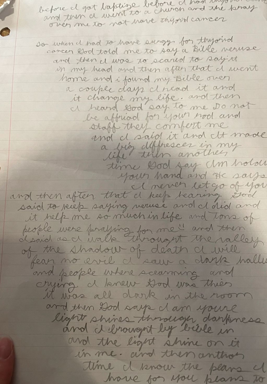 Handwritten personal story about faith and overcoming thyroid cancer.