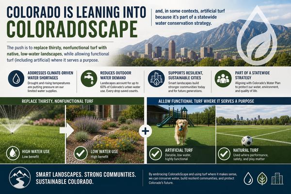 Infographic on Colorado's shift to sustainable landscapes with native and functional turf for water conservation.