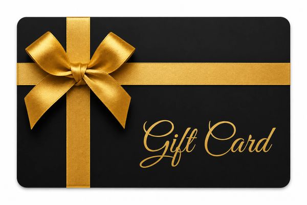 Elegant black gift card with a gold ribbon and bow.