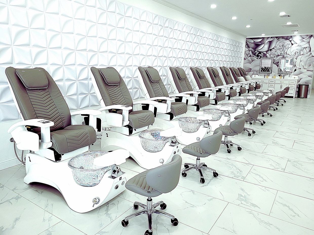 Image of our beautiful nail salon located in McHenry Village, Modesto, CA. 9 Pedicure spa chairs.