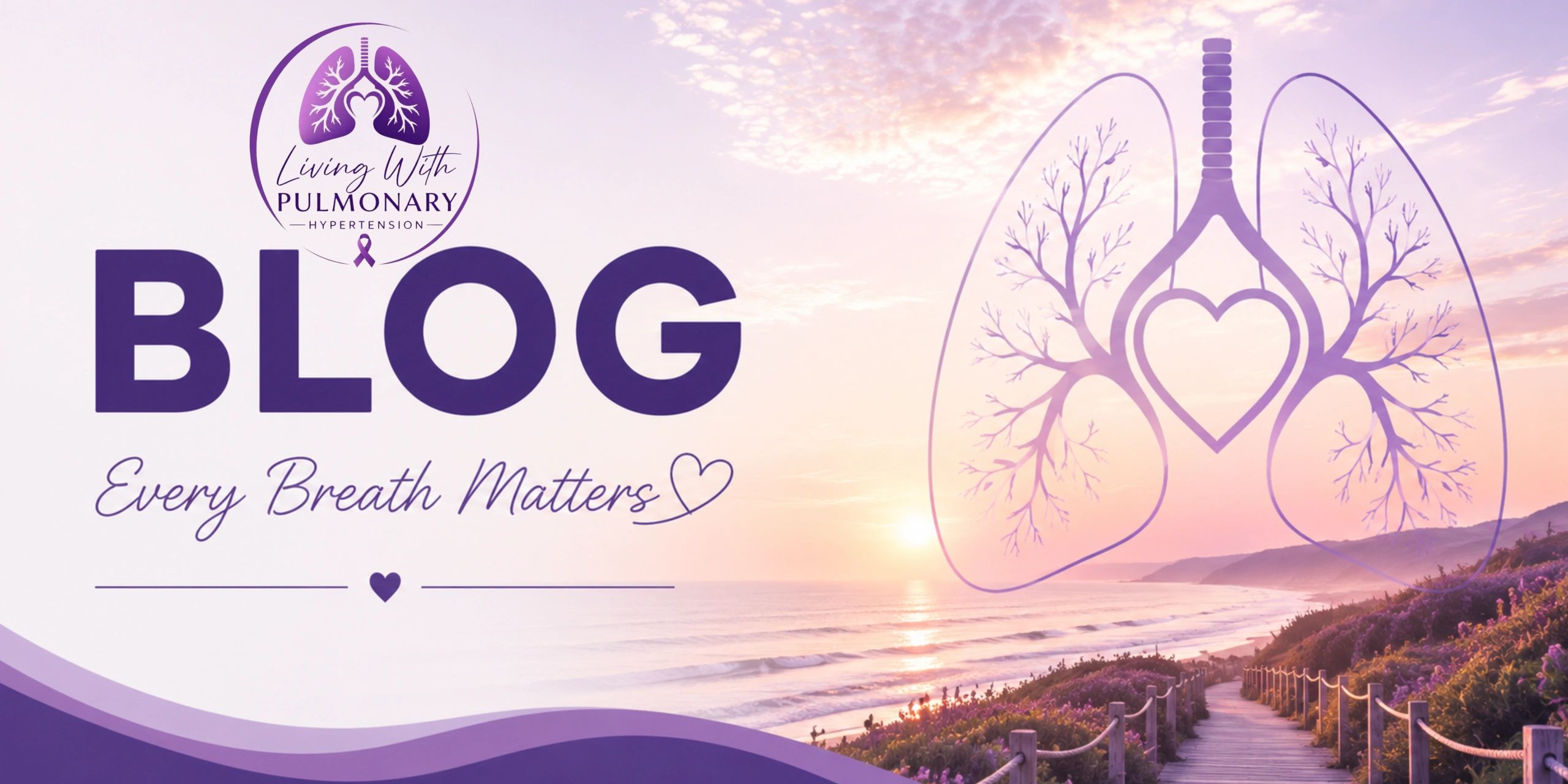 Pulmonary Hypertension blog banner with purple lung logo at sunset.