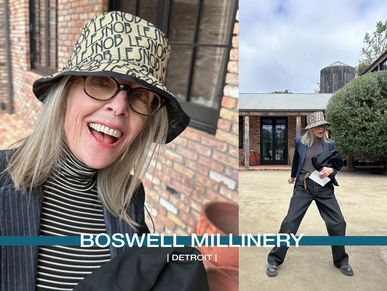 Diane Keaton sports a custom bucket hat from Boswell Millinery...