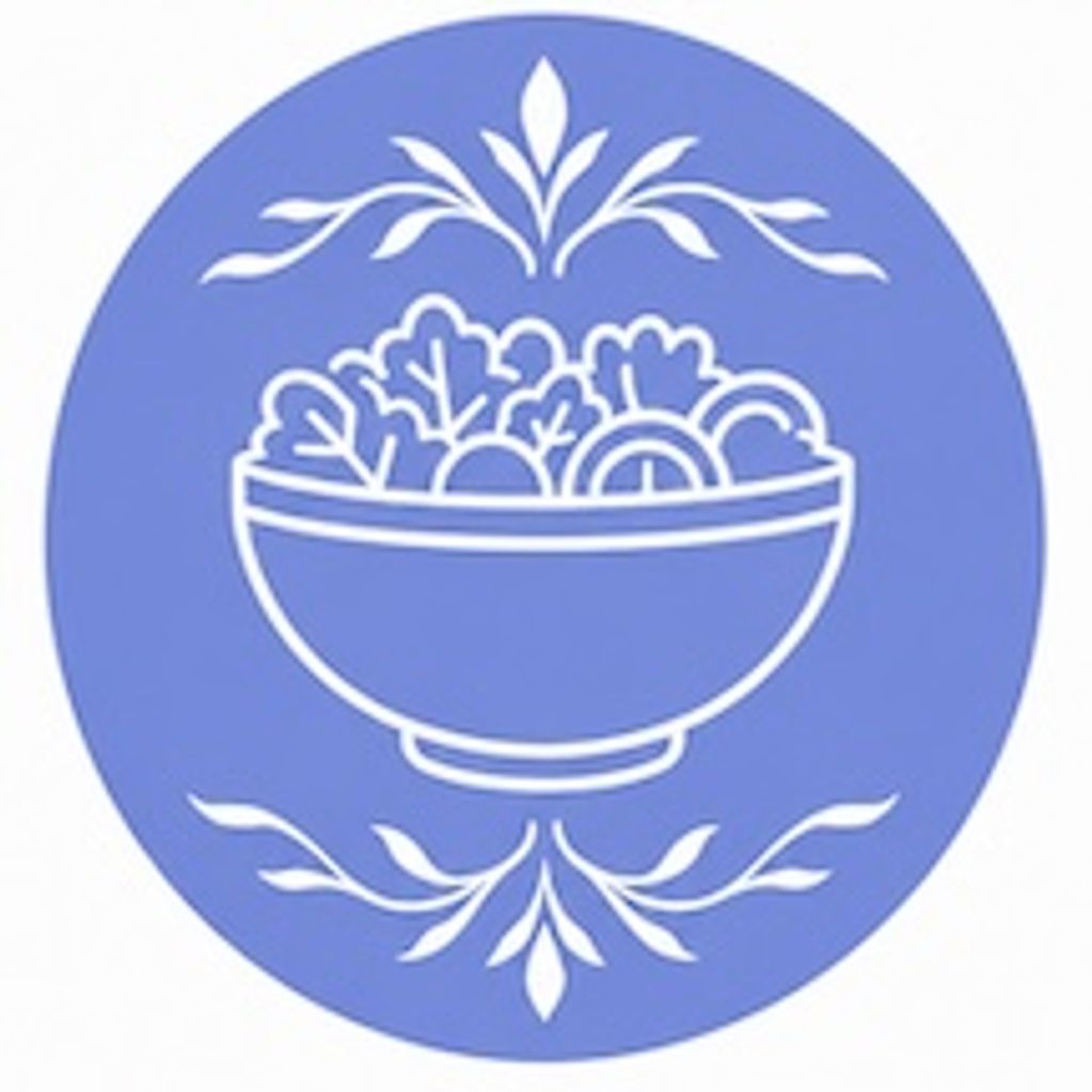 Icon of a bowl filled with leafy vegetables and fruits on a blue circular background.