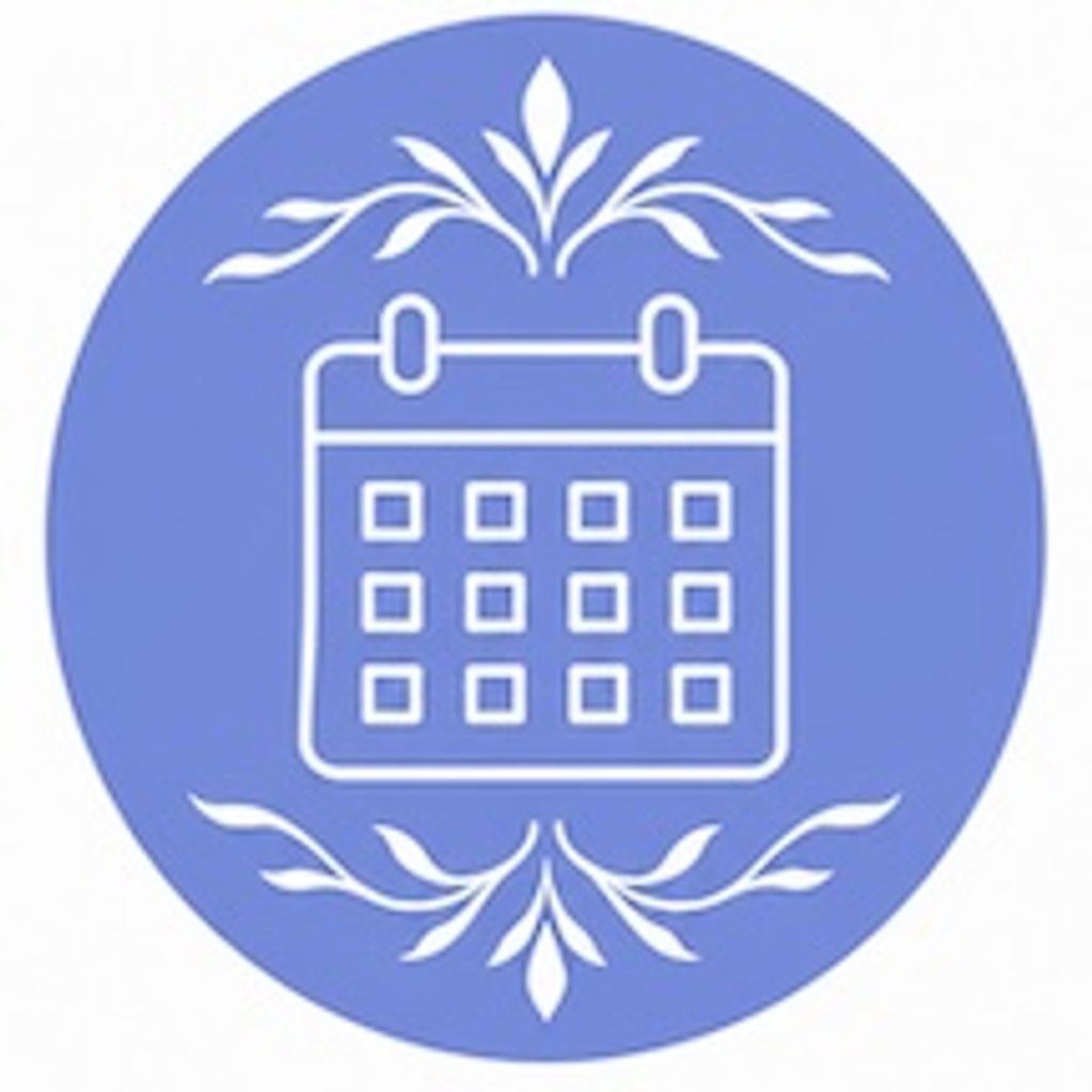 A calendar icon with decorative floral designs on a blue circular background.