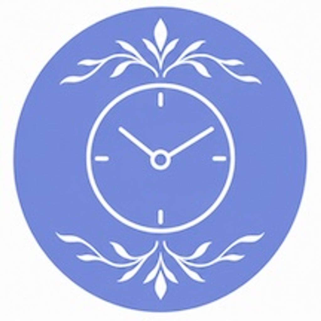 Decorative clock icon with floral designs on a blue circular background.