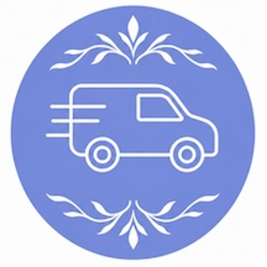 Icon of a delivery van with decorative leaves in a blue circle.