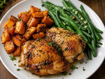 Roasted chicken thighs with green beans and seasoned sweet potatoes.