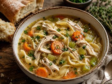 A bowl of homemade chicken noodle soup with fresh herbs and bread.
