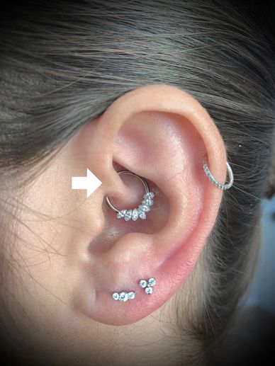 Close-up of an ear with multiple diamond-studded piercings, including a septum-style ring.