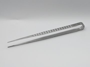 A pair of stainless steel tweezers with a ribbed grip.