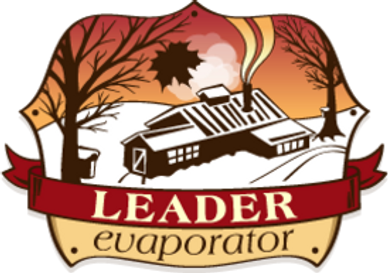 Logo of Leader Evaporator with a rustic house and trees at sunset.