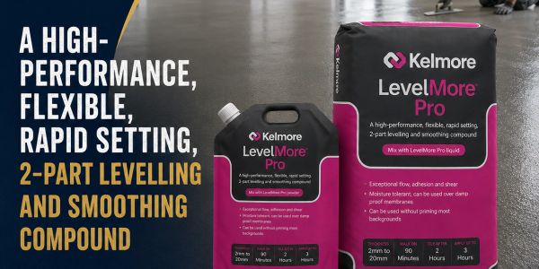 Kelmore LevelMore Pro levelling and smoothing compound packaging.
