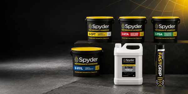 Spyder branded adhesive containers in different sizes and types.