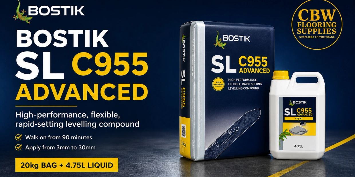 Bostik SL C955 Advanced high-performance levelling compound with 20kg bag and 4.75L liquid.
