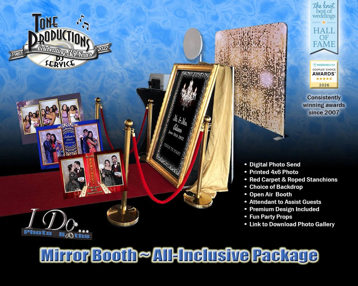 Mirror Booth photo service with red carpet and fun props for weddings and events.