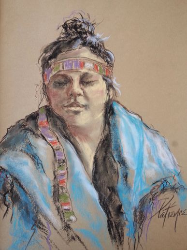 portrait of a Taos Pueblo Woman in her native American costume. a drawing in charcoal and pastel.