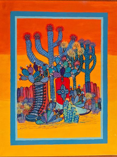acrylic contemporary painting of cowboy Boots and cactus by artist Carl oskins.