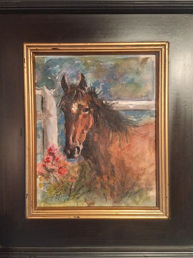 watercolor and ink portrait of a horse named star, by artist patience heyl.