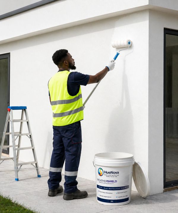 Worker painting a white exterior wall using a roller and paint bucket.