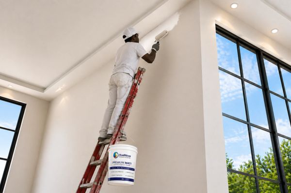 Painter on ladder applying white paint inside a modern room.