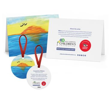 Sunset-themed round ornaments with a card from the Jeff Gordon Children's Foundation.