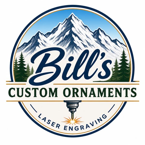 Logo for Bill's Custom Ornaments with mountain and laser engraving design.