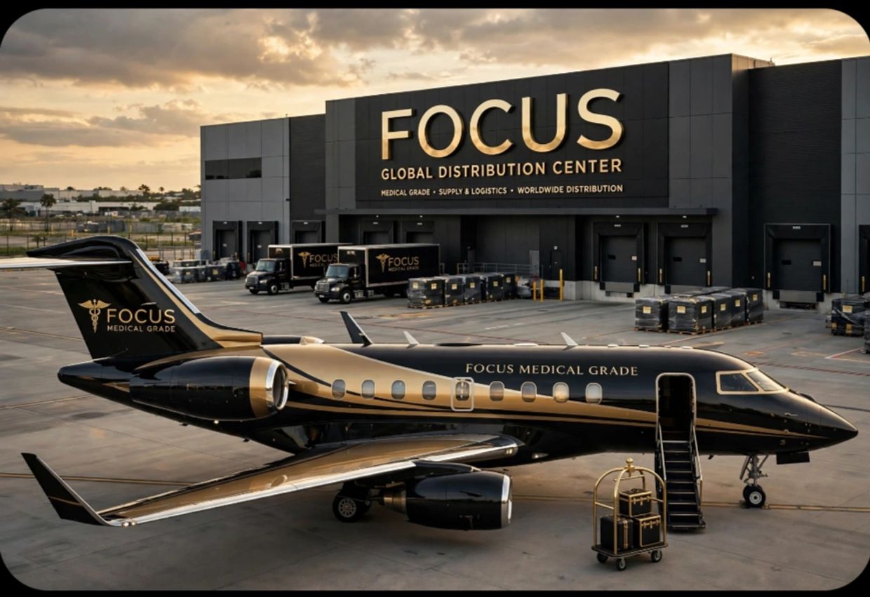 Luxury private jet parked at Focus Global Distribution Center.