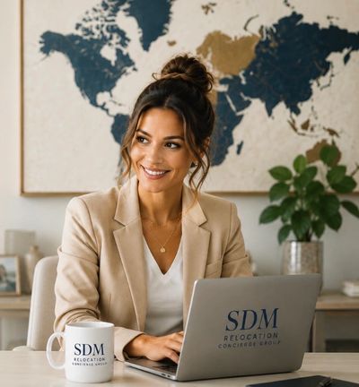 Woman smiling while working on laptop with SDM branding.