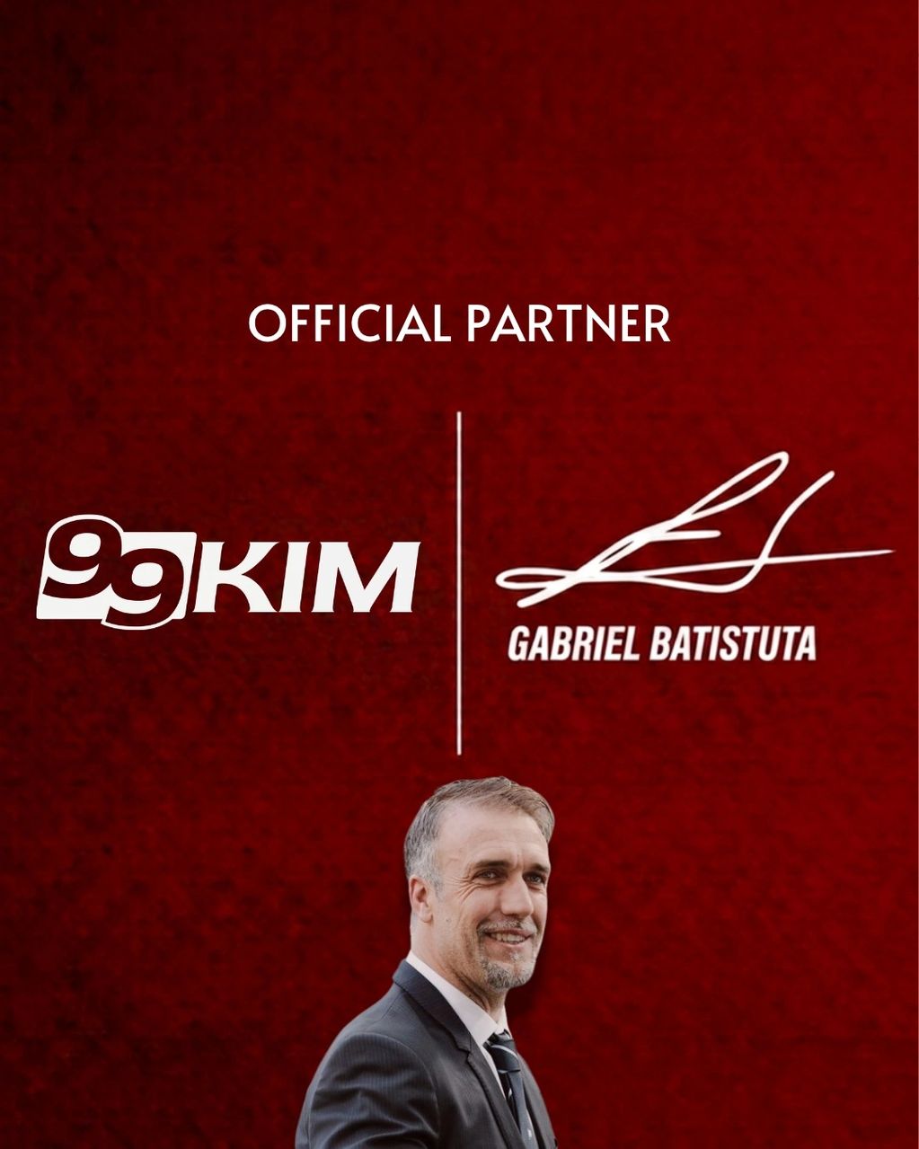 Gabriel Batistuta is the official partner of 99KIM, shown on a red background.