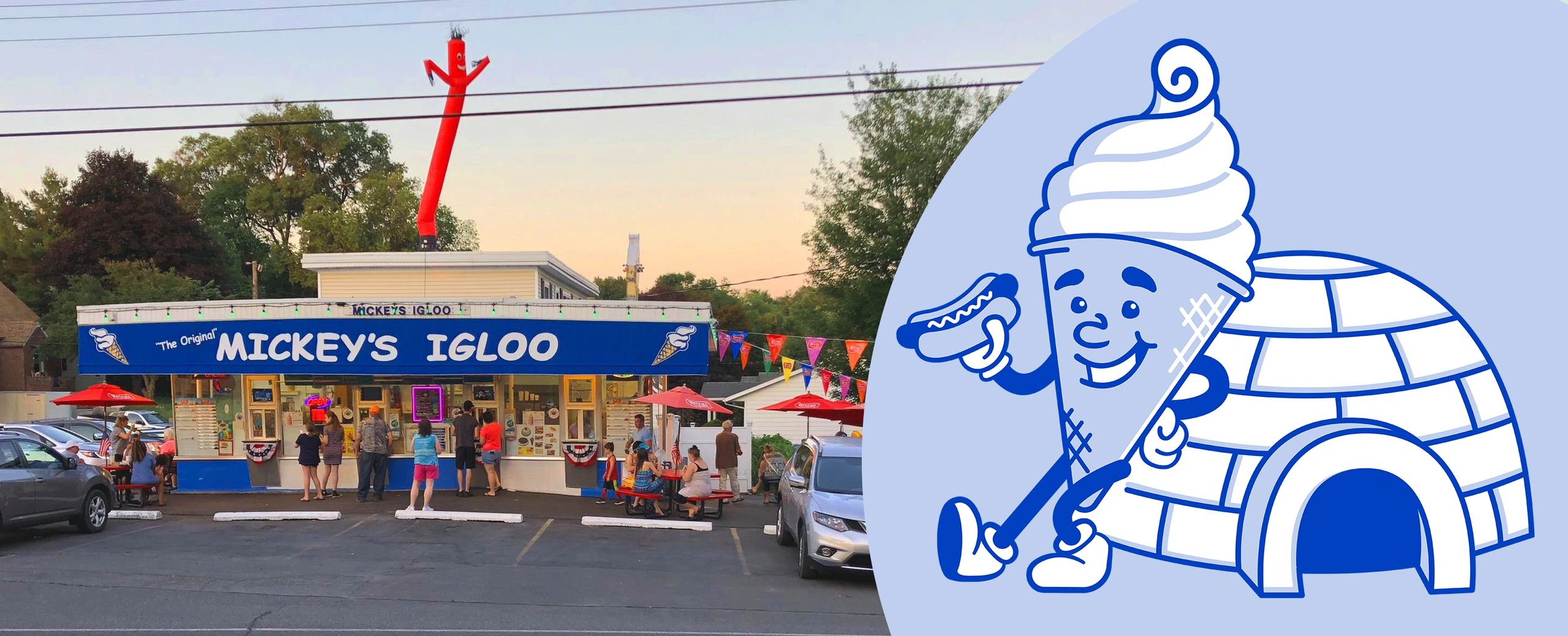 Photo of a roadside ice cream shop with an illustration of an ice cream man mascot