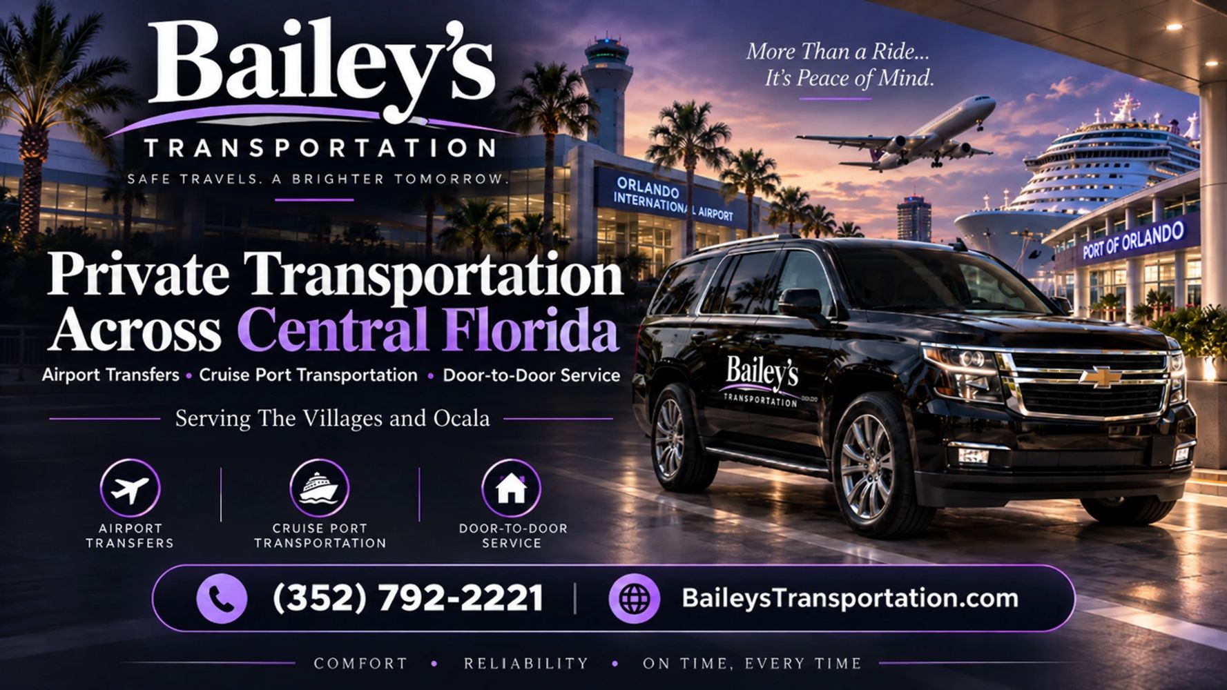 airport transportation The Villages FL, Baileys transportation, door to door transportation, The Villages airport shuttle, The Villages to Port Canaveral