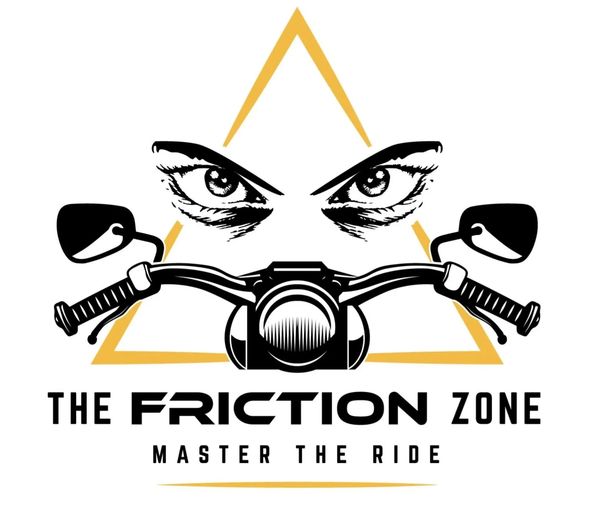 Motorcycle handlebars with intense eyes and the text 'The Friction Zone: Master the Ride'.