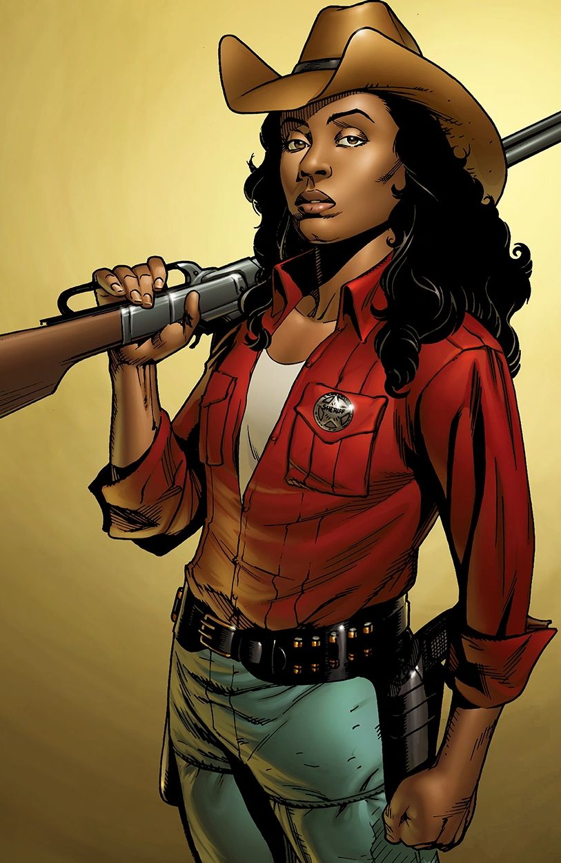 Confident sheriff woman in a hat holding a rifle over her shoulder.